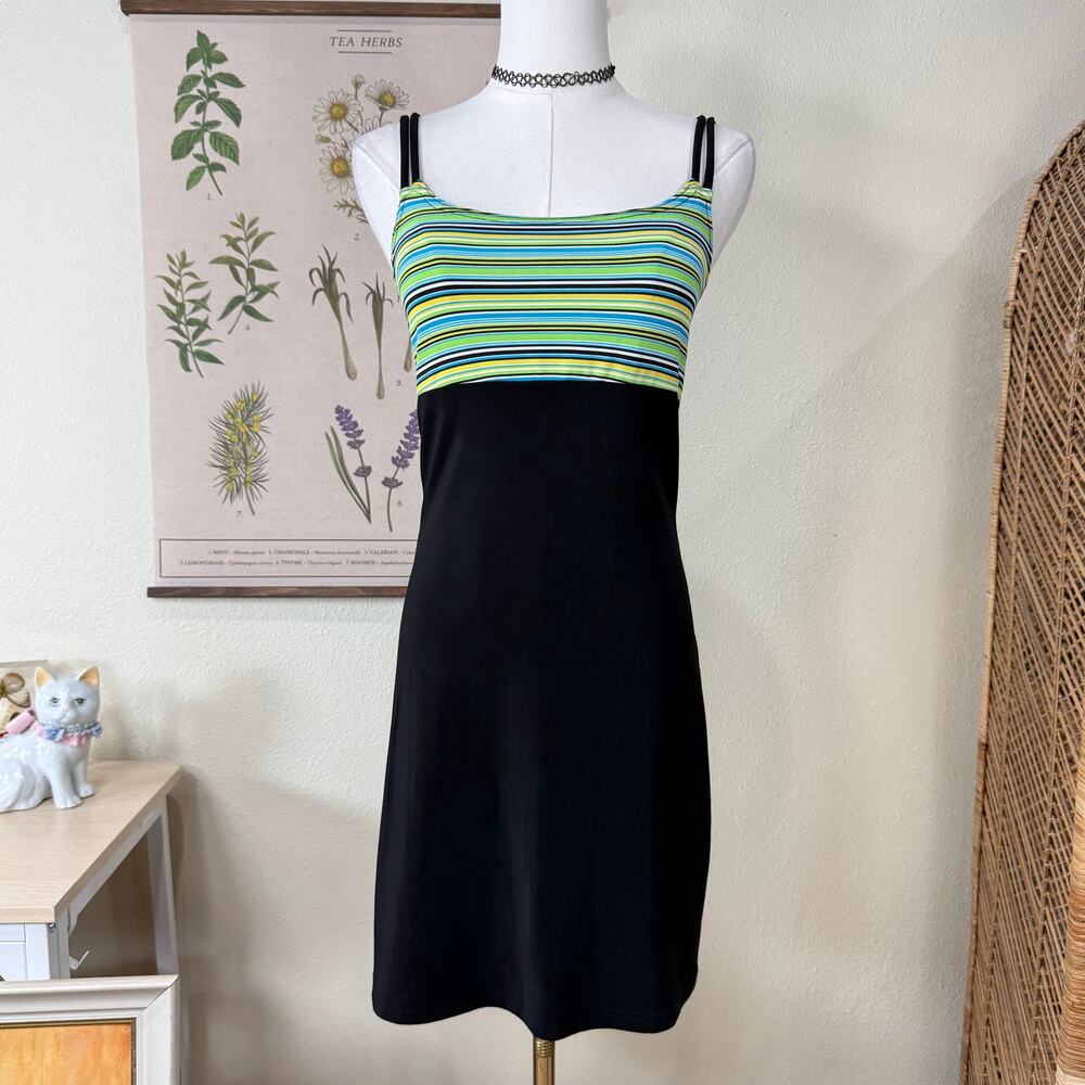 Vintage 90s Y2k Striped Babydoll Stretch Mini Dress Sporty SoCal Dark Fairy S
